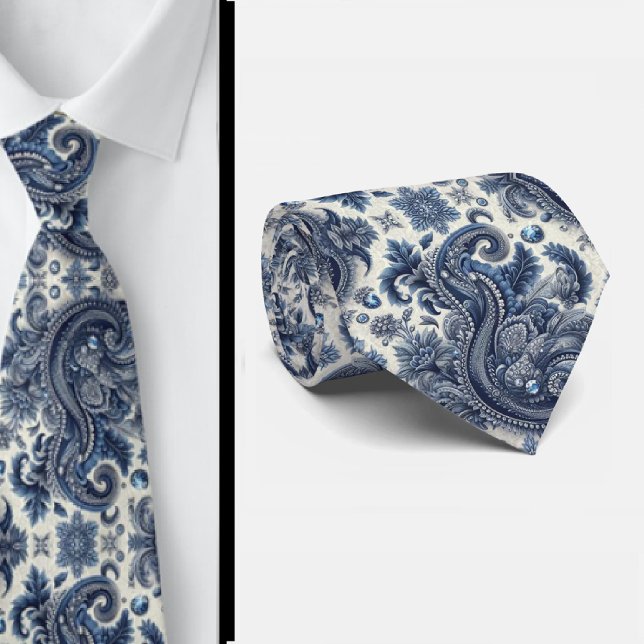 Gravata de Pescoço Paisley em Azul e Branco com Di (Criador carregado)