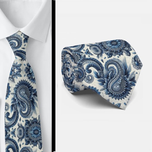 Gravata de Pescoço Paisley em Azul e Branco com Di (Criador carregado)