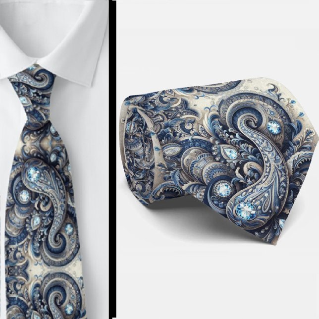Gravata de Pescoço Paisley em Azul e Branco com Di (Criador carregado)