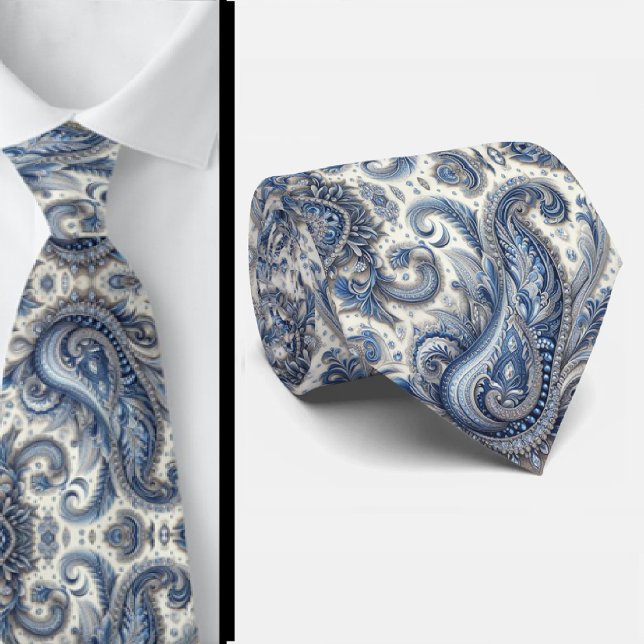 Gravata de Pescoço Paisley em Azul e Branco com Di (Criador carregado)