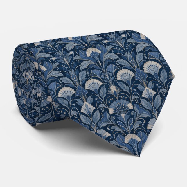 Gravata de seda com design Art Déco temático azul (Rolled)
