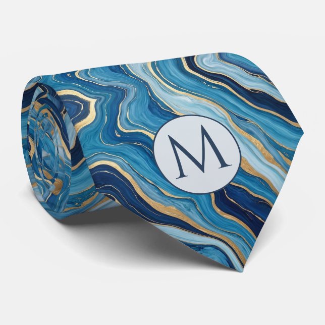 Gravata de seda falsa com monograma | Mármore azul (Rolled)