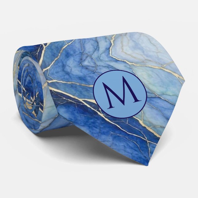 Gravata de seda falsa com monograma | Mármore azul (Rolled)