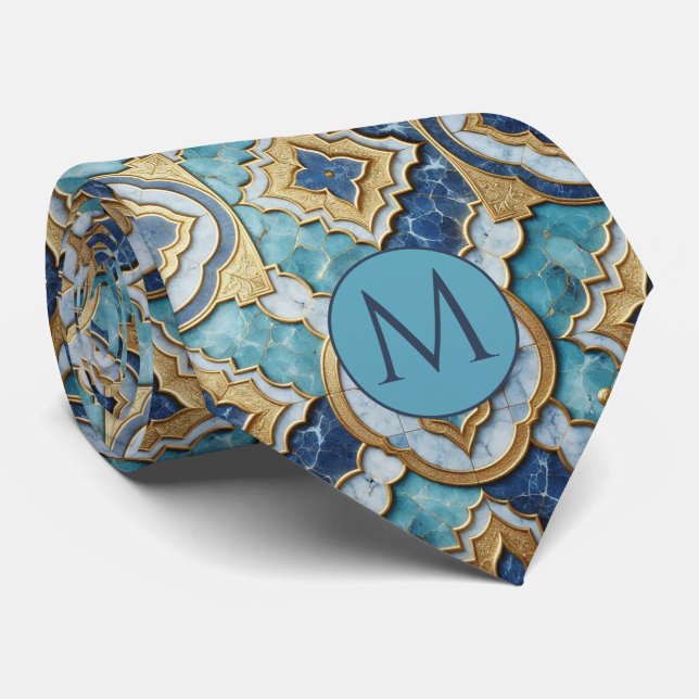 Gravata de seda falsa com monograma | Mármore azul (Rolled)