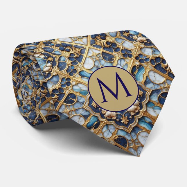 Gravata de seda falsa com monograma | Mármore azul (Rolled)