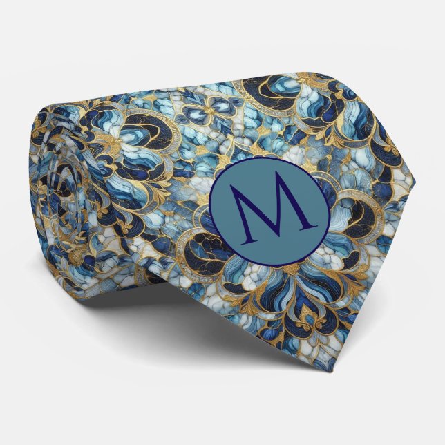 Gravata de seda falsa com monograma | Mármore azul (Rolled)