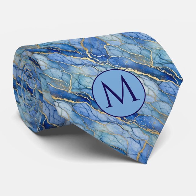 Gravata de seda falsa com monograma | Mármore azul (Rolled)