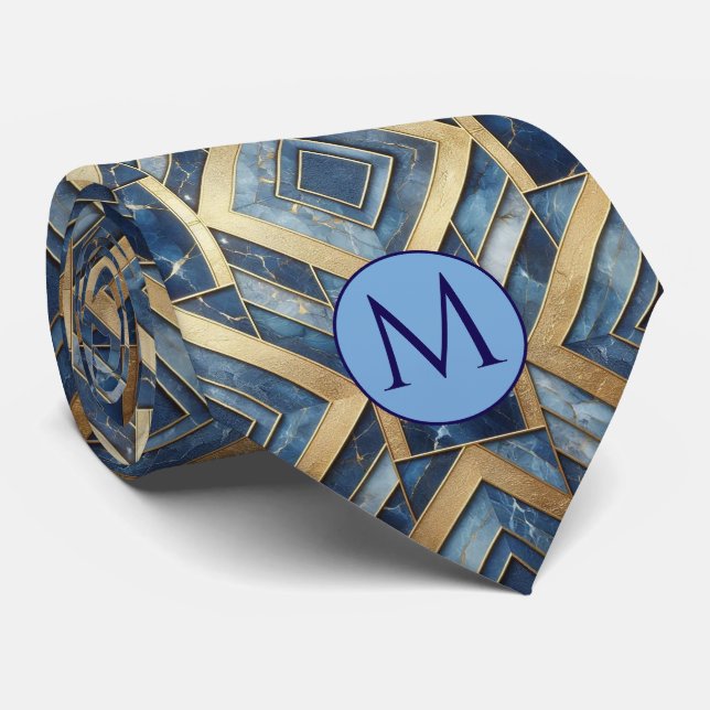 Gravata de seda falsa com monograma | Mármore azul (Rolled)