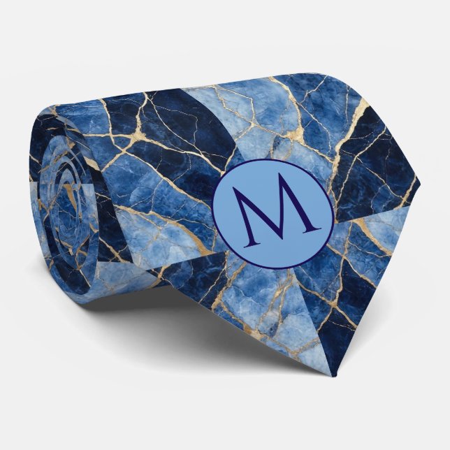 Gravata de seda falsa com monograma | Mármore azul (Rolled)