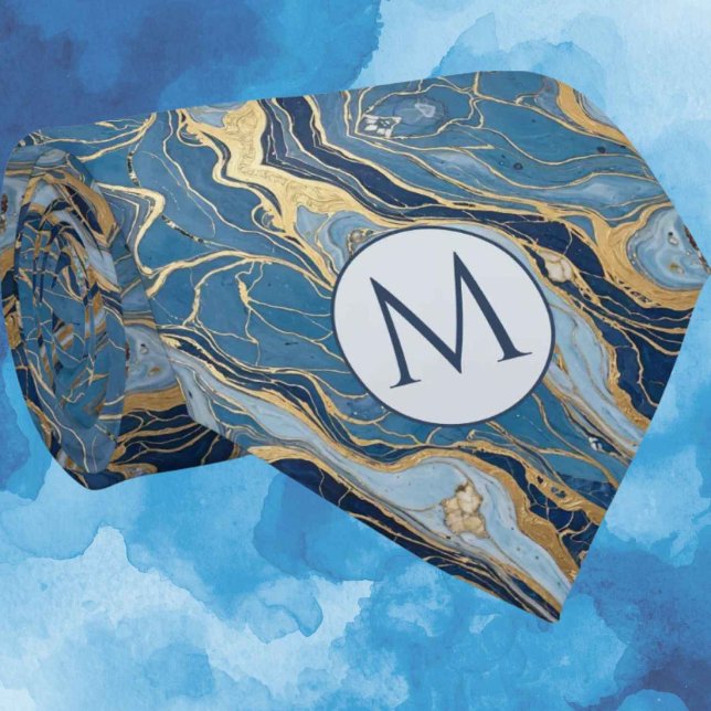 Gravata de seda falsa com monograma | Mármore azul (Criador carregado)