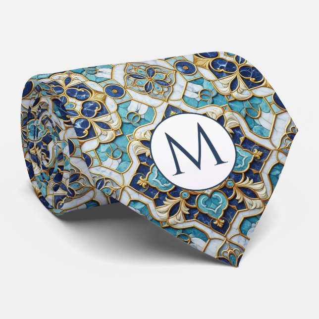 Gravata de seda falsa com monograma | Mármore azul (Rolled)