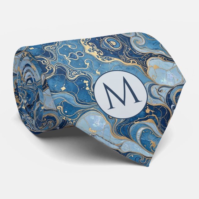 Gravata de seda falsa com monograma | Mármore azul (Rolled)
