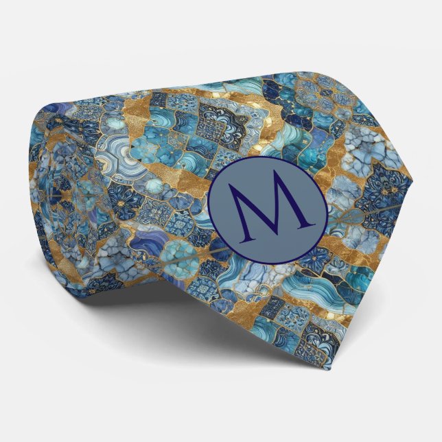 Gravata de seda falsa com monograma | Mármore azul (Rolled)