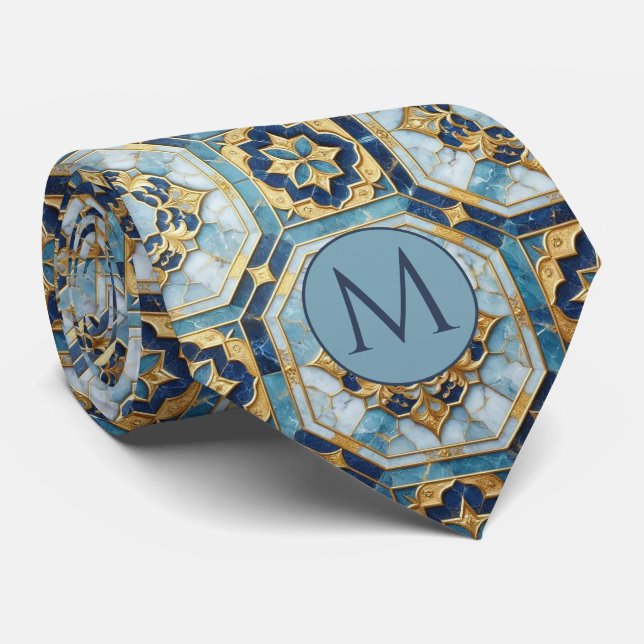 Gravata de seda falsa com monograma | Mármore azul (Rolled)