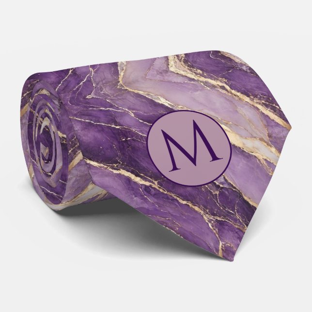 Gravata de seda falsa com monograma | Mármore roxo (Rolled)