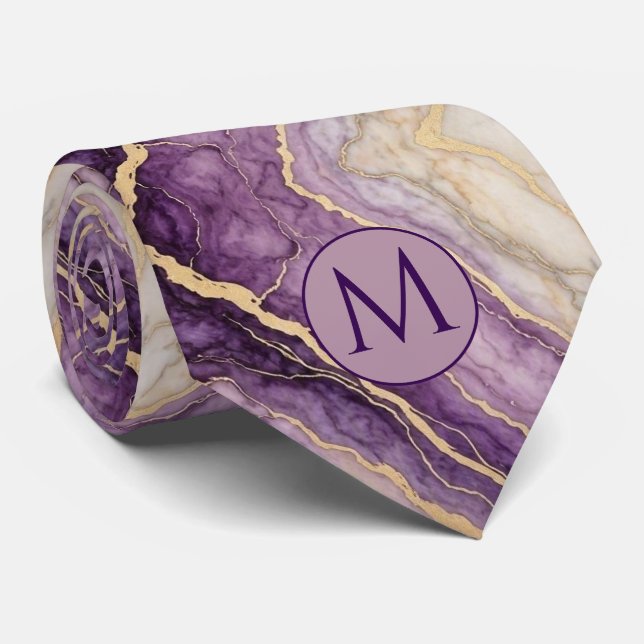 Gravata de seda falsa com monograma | Mármore roxo (Rolled)