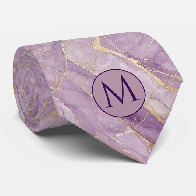 Gravata de seda falsa com monograma | Mármore roxo (Rolled)
