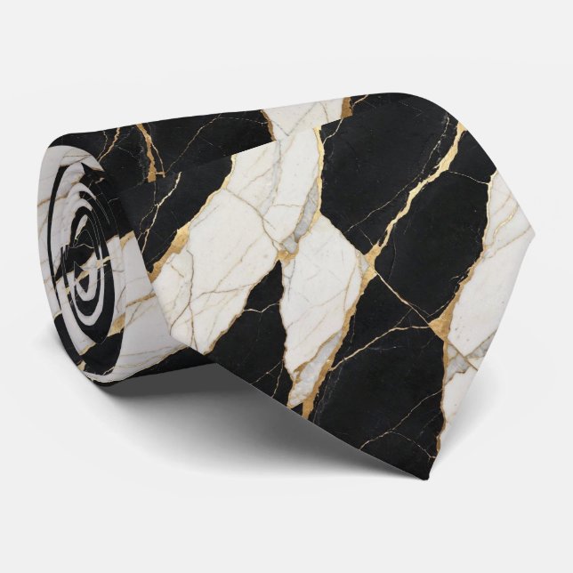 Gravata de seda falsa | Mármore preto, branco e do (Rolled)