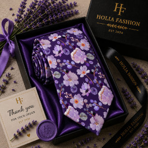 Gravata de seda floral roxa lavanda aquarela