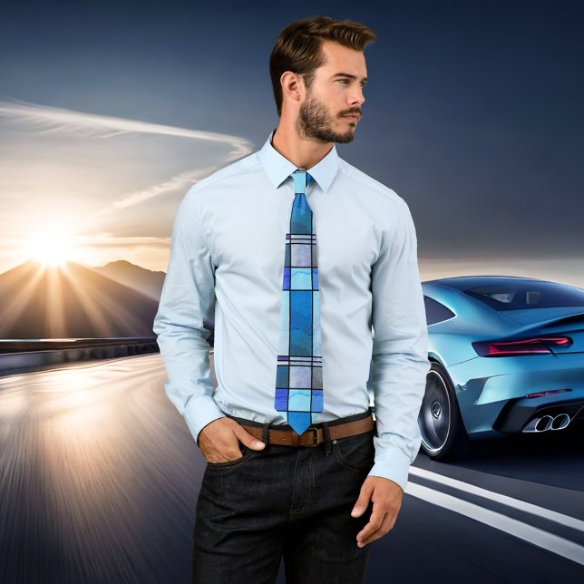 Gravata Deco Grunge Azul Padrão Vidro Líder (Artistic grunge design tie inspired by Mondrian in a leaded glass and art deco style)