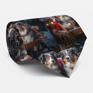 Gravata Decoração de Natal Australian Shepherd Snowy Sleig