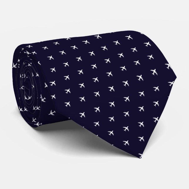 Gravata Deep Blue Tie of Small White Airplanes (Rolled)