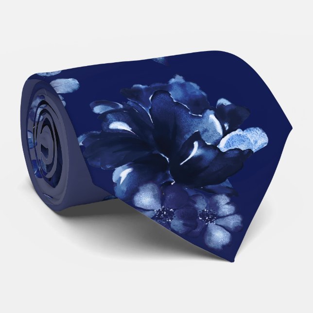 Gravata Deep Navy Blue Watercolor Floral Wedding (Rolled)