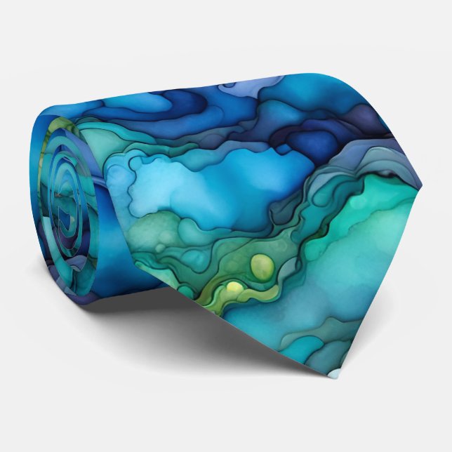Gravata Deep Ocean Abstract Design in Teal and Blue Fluid  (Rolled)
