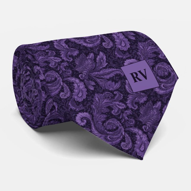 Gravata Deep Purple Plum Ornate Scrollwork (Rolled)