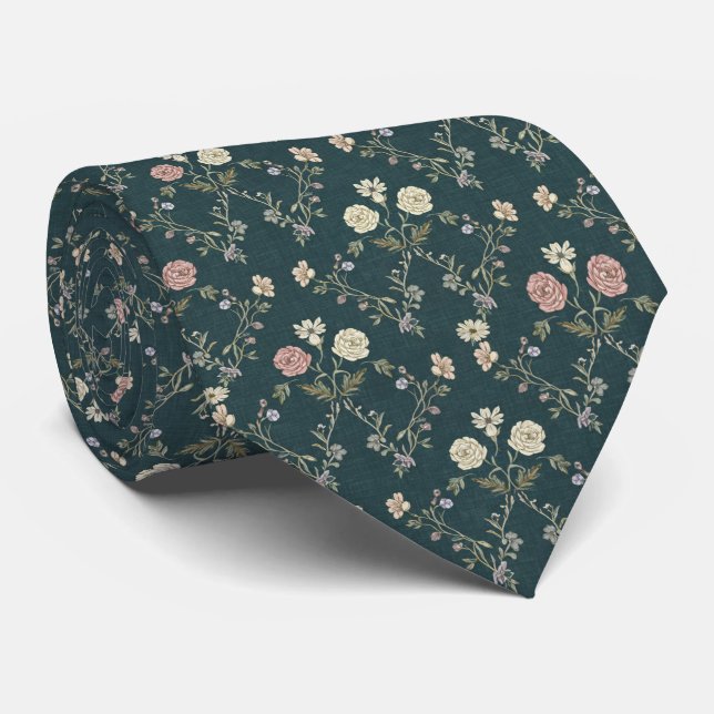Gravata Deep Teal Vintage Floral (Rolled)