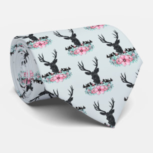Gravata Deer Head com Flores e Montanhas Padrão