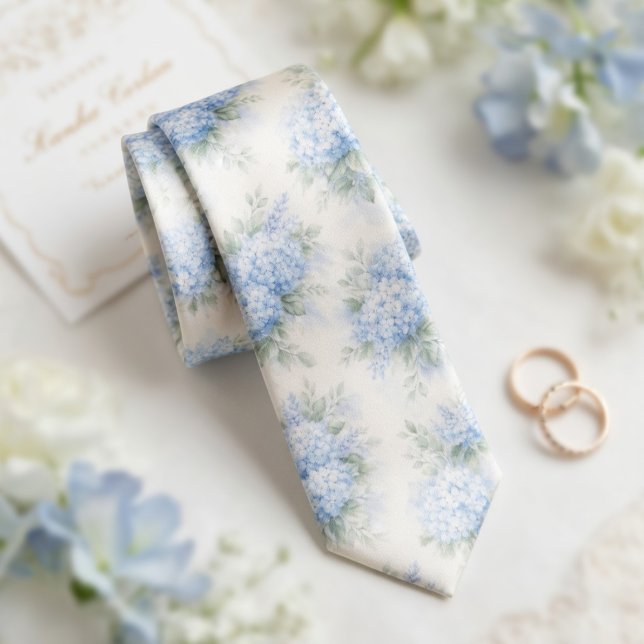 Gravata Delicada Hortênsia Floral Azul Suave em Aquarela (Criador carregado)
