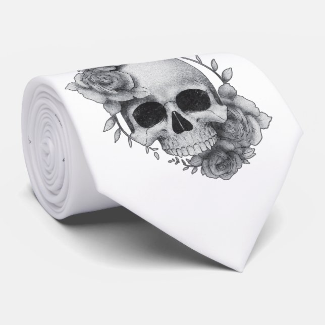 Gravata Desenho de Caveira e Rosas (Rolled)