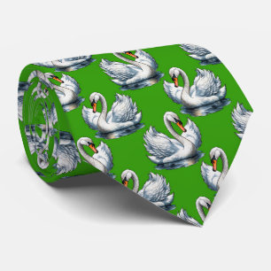 Gravata Desenho de padrão de aves cisnes em verde 