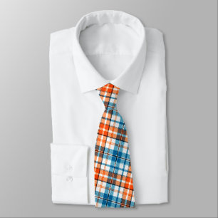 Gravata Desenho Xadrez Tartan Laranja Azul Branco