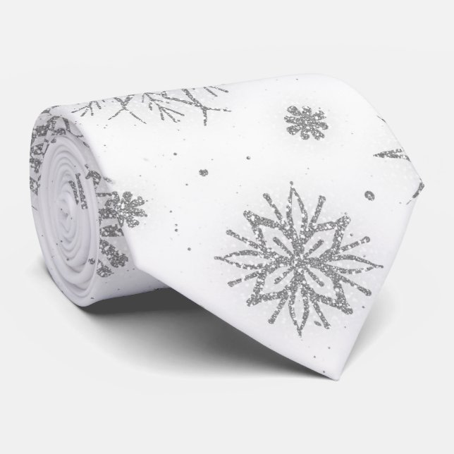 Gravata Design Branco Silver Snowflakes (Rolled)