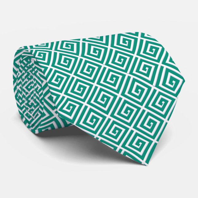 Gravata Design chave grego - cerceta e branco (Rolled)