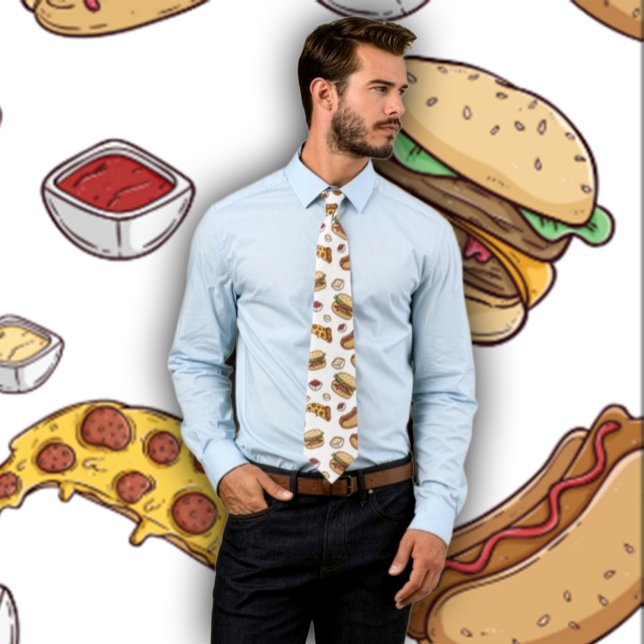 Gravata Design de Comida Rápida Engraçado - Cães Quentes d (Man wearing a necktie featuring fast food- pizza, hamburger and hotdogs. Backdrop matches tie.)
