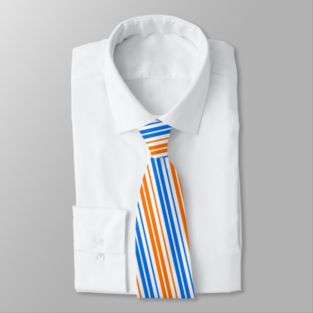 Gravata Design de Listras Verticais Laranja Azul Branco   (Amarrado)