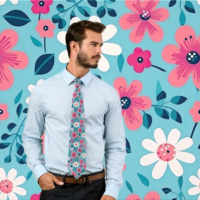 Gravata Design Floral Vermelho e Branco Azul Claro (Man wears a floral design necktie featuring red and white flowers on a light blue.)