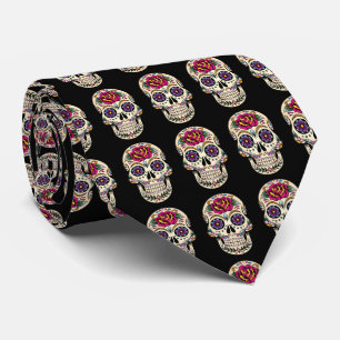 Gravata Dia do Crânio do Açúcar Morto com Rosa
