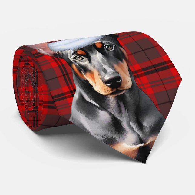 Gravata Doberman Pinshce Dog Lover Holiday Plaid Christmas (Rolled)