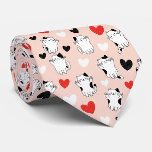Gravata Doce Padrão de Gatos Kawaii Rosa & Corações (1)