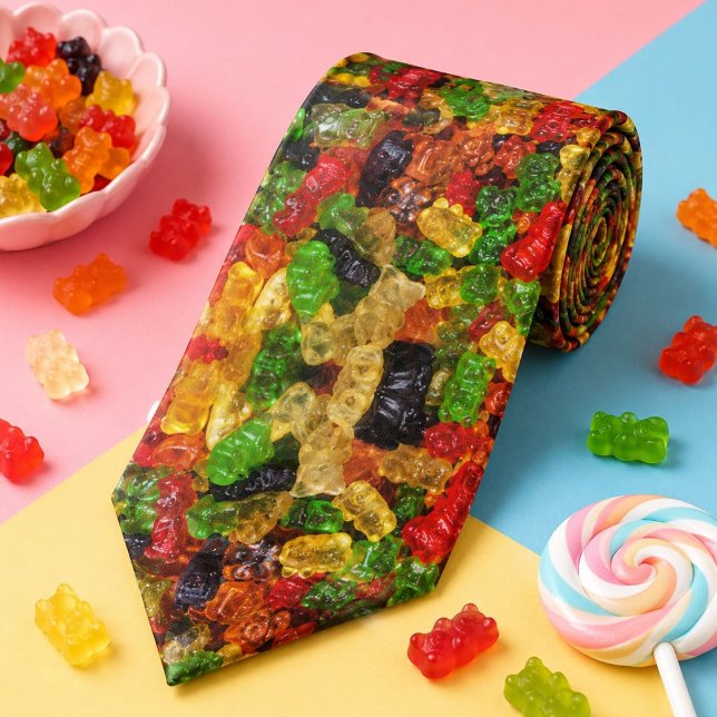 Gravata doce ursinho de goma colorido arco-íris kawaii fof (cute kawaii rainbow colorful candy bear gummy neck tie)