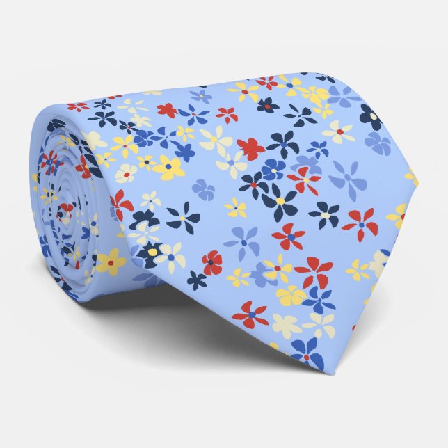 Gravata Dot Floral Sky Azul, com dois lados, impresso (Rolled)