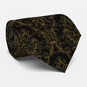 Gravata Dourado contorno Floral Damask Preto Formal