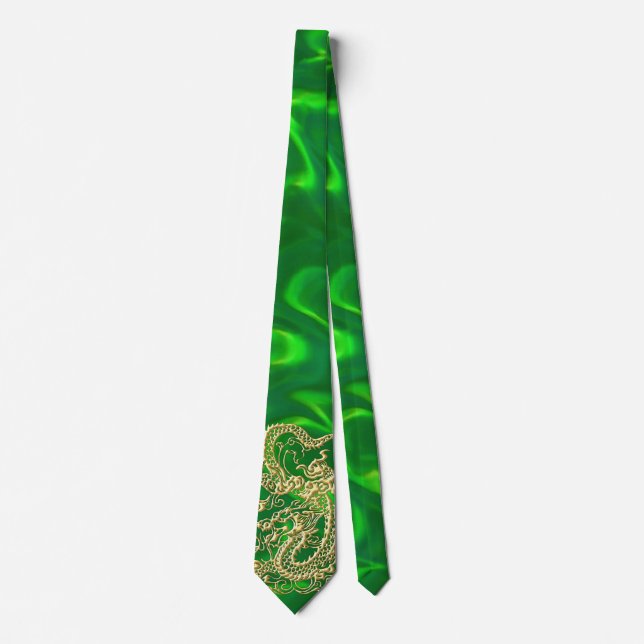 Gravata Dourado Dragão Verde Satin Lush Tie (Frente)