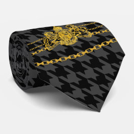 Gravata Dourado emblem Chain Trim Black Cinza Houndstooth