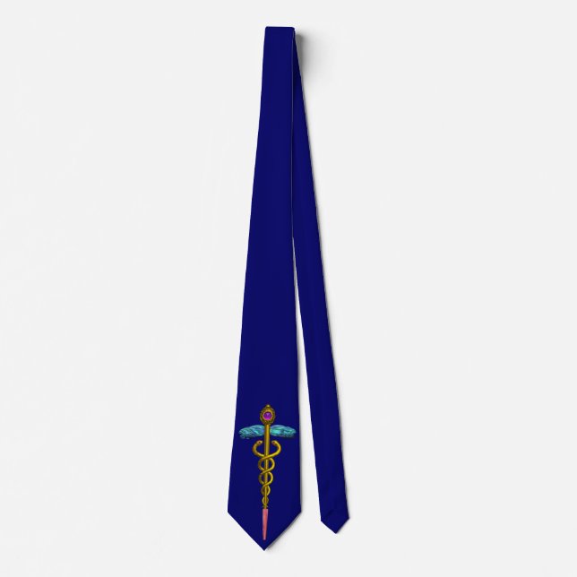 Gravata DOURADO SÍMBOLO MÉDICO CADUEUS, Azul (Frente)