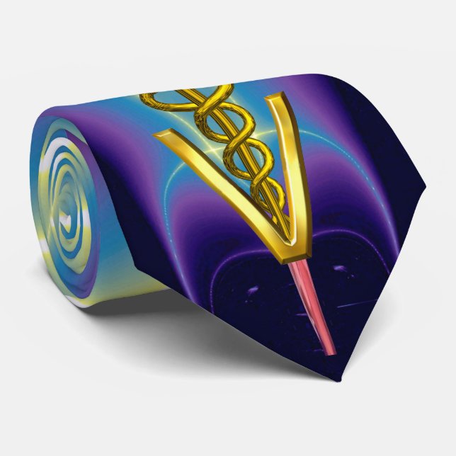 Gravata DOURADO SÍMBOLO VETERINÁRIO CADUEUS,Azul Roxo (Rolled)